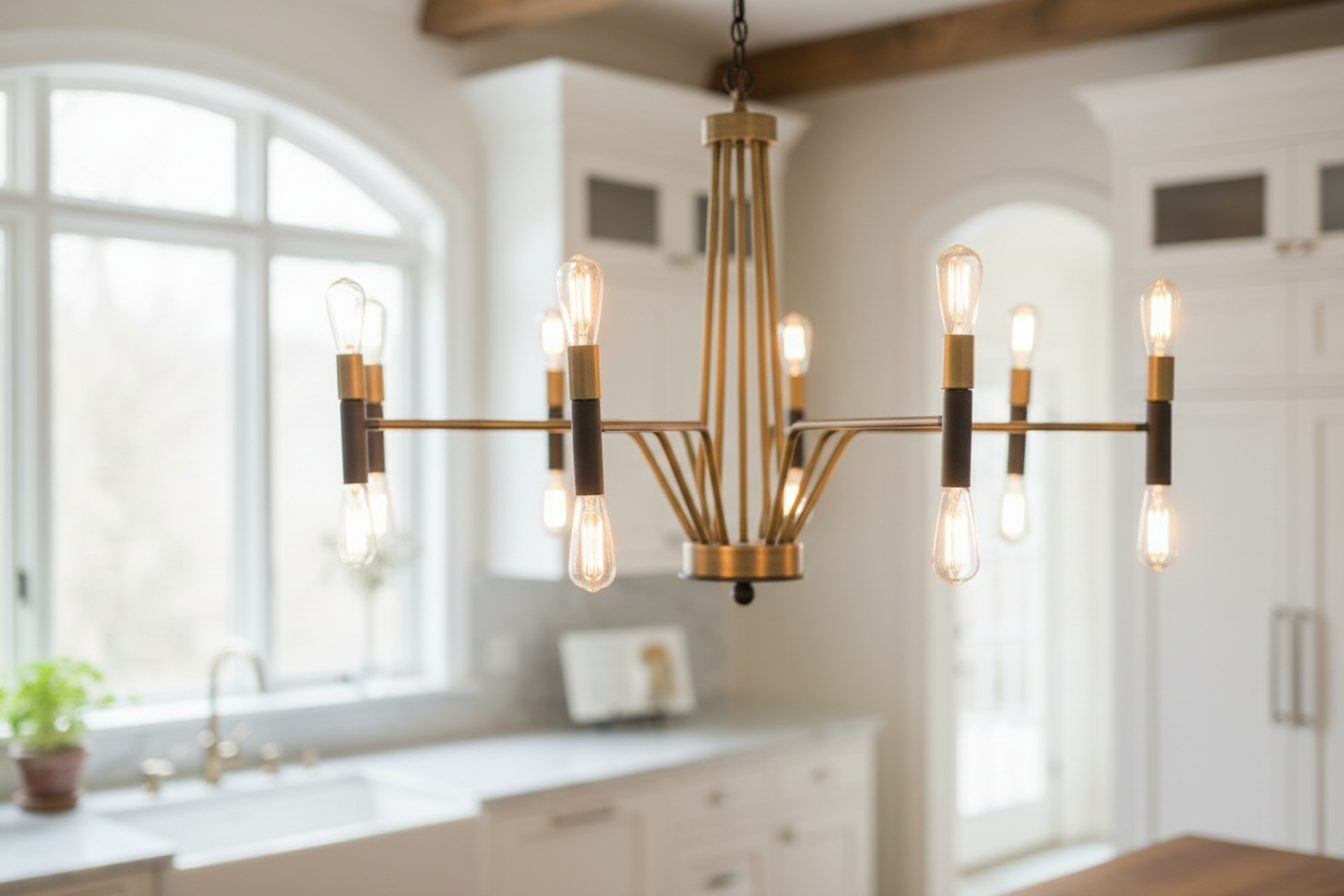 Close-up of an elegant chandelier with warm glowing bulbs and aged brass finish