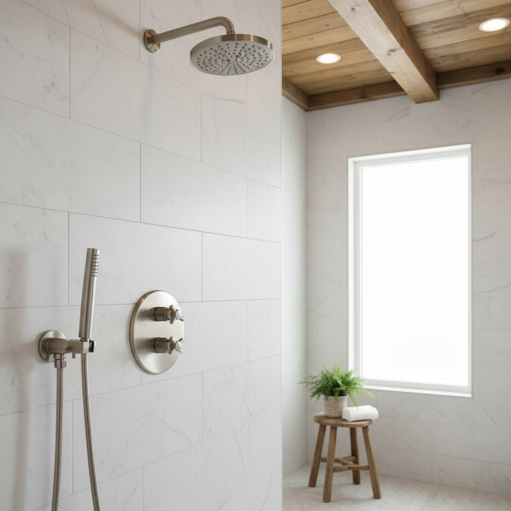 Thermostatic shower valve and trim kit in brushed nickel in a luxury marble walk-in shower
