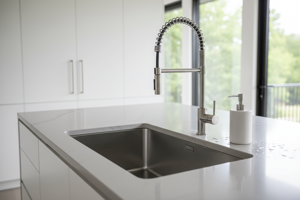 Sleek stainless steel undermount kitchen sink with pull-down faucet