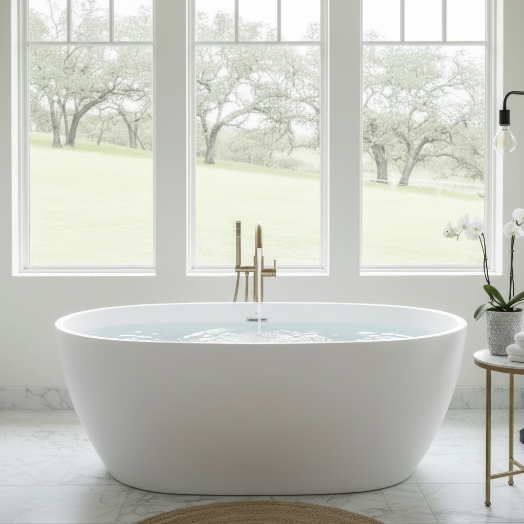 Freestanding oval soaking bathtub in matte white, centered in a bright modern farmhouse bathroom with marble tile floors